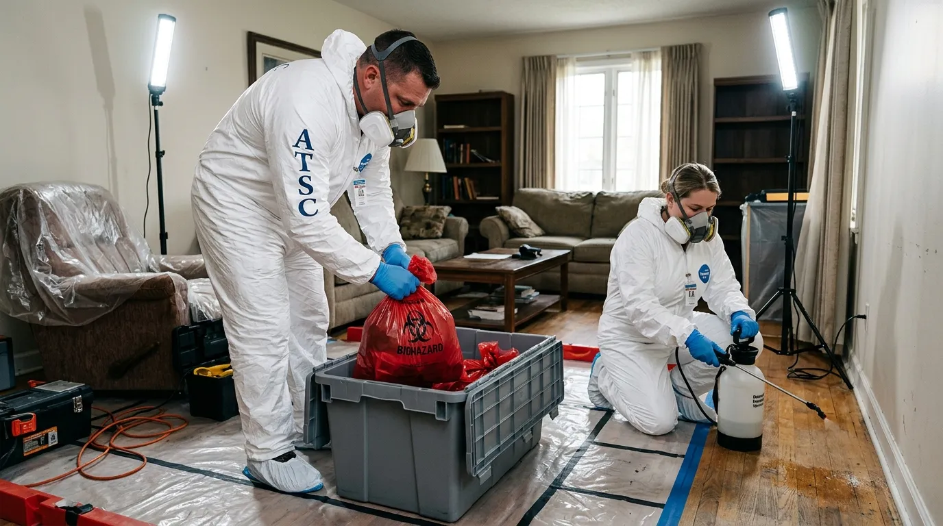 Professional Biohazard Cleanup technician in full PPE working in Oradell